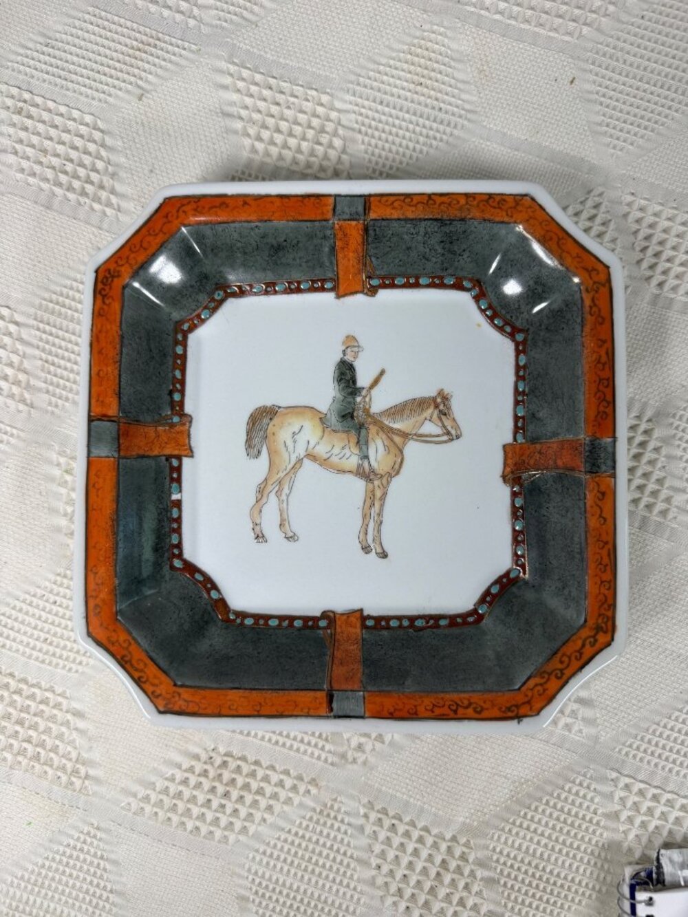 Vintage Decorative Octagonal Plate With Equestrian Design and Orange Gray Border
